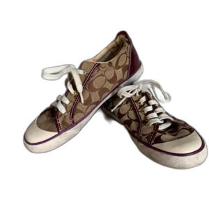 Coach Women's Barrett Tan Brown and Burgundy Signature Sneakers Size 8